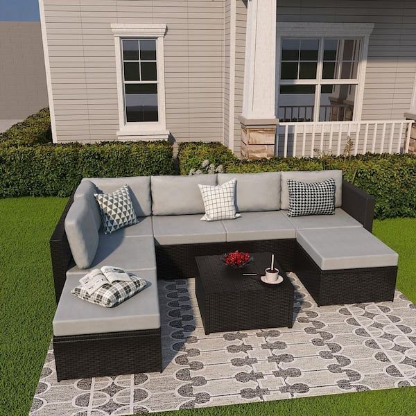 Most Recent Outdoor Rattan Sectional Sofas With Coffee Table In Uixe Black 7 Seater Wicker Outdoor Rattan Sectional Sofa Set With Gray  Cushions Odf528881103 – The Home Depot (View 12 of 15)