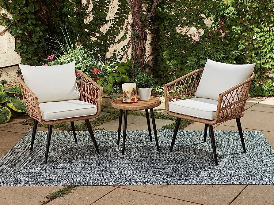Most Recently Released 3 Piece Outdoor Boho Wicker Chat Set Pertaining To Amazon : Quality Outdoor Living 65 Yz03hm Hermosa 3 Piece Chat Set,  Aluminum Frame + Tan Wicker + Linen Cushions : Patio, Lawn & Garden (Photo 3 of 15)