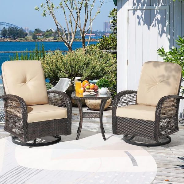 Most Recently Released 3 Pieces Outdoor Patio Swivel Rocker Set For Sizzim 3 Piece Brown Wicker Outdoor Rocking Chair Set Outdoor Swivel Chairs  With Beige Cushions Sm G12036bg – The Home Depot (View 9 of 15)
