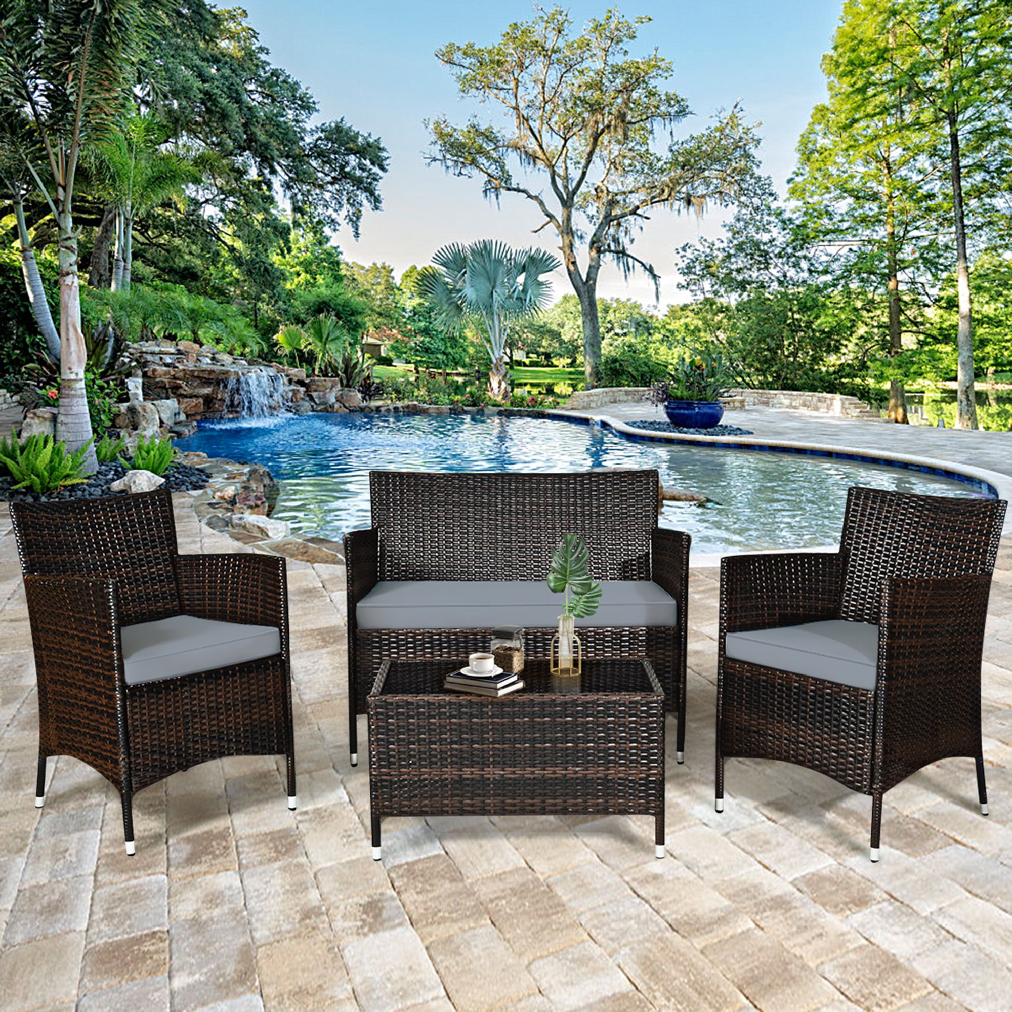 Most Recently Released 8 Piece Patio Rattan Outdoor Furniture Set In Gymax 8 Piece Patio Rattan Outdoor Furniture Set With Cushioned Chair  Loveseat Table In Brown – Walmart (View 5 of 15)