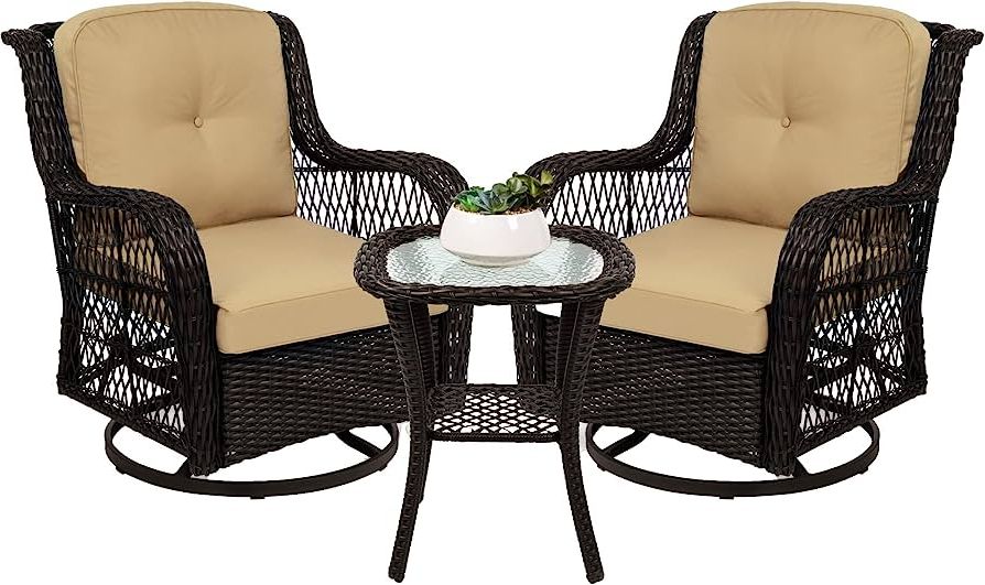 Most Recently Released Amazon: Best Choice Products 3 Piece Outdoor Wicker Patio Bistro Set W/  2 360 Degree Swivel Rocking Chairs And Tempered Glass Top Side Table –  Beige : Patio, Lawn & Garden With Regard To Outdoor Wicker 3 Piece Set (Photo 6 of 15)