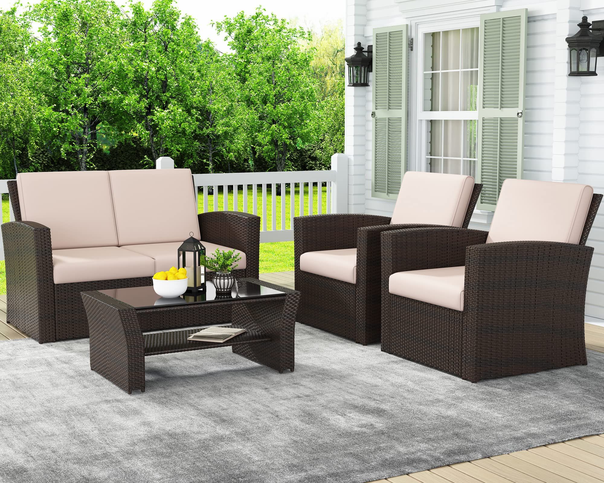 Most Recently Released Amazon: Layinsun 4 Piece Outdoor Patio Furniture Sets, Wicker  Conversation Sets, Rattan Sofa Chair With Cushion For Backyard Lawn Garden ( Brown) : Patio, Lawn & Garden Inside 4 Piece Outdoor Wicker Seating Set In Brown (Photo 1 of 15)