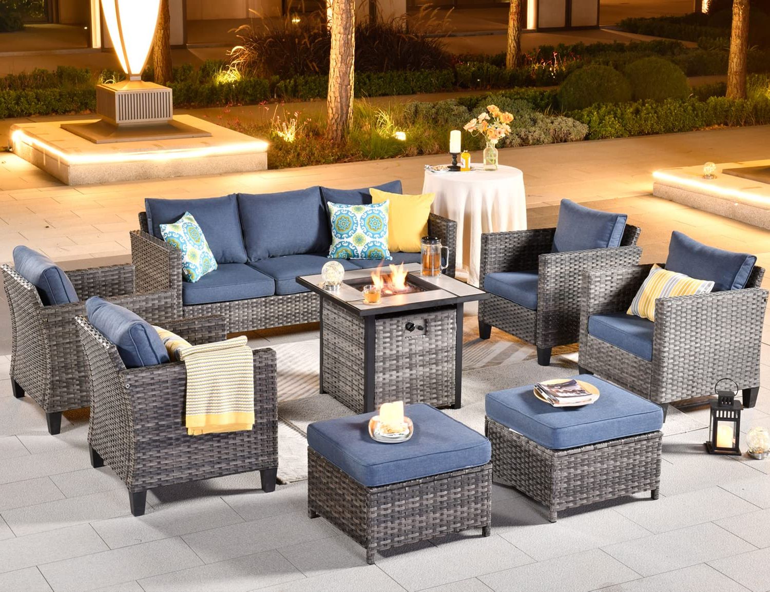 Most Recently Released Amazon: Ovios Patio Furniture Set 8 Pcs High Back Sofa Outdoor  Conversation Sets Gas Fire Pit Table All Weather Wicker Rattan Sectional Sofa  Set Garden Backyard Porch (denim Blue) : Patio, Lawn With Regard To 8 Pcs Outdoor Patio Furniture Set (View 3 of 15)
