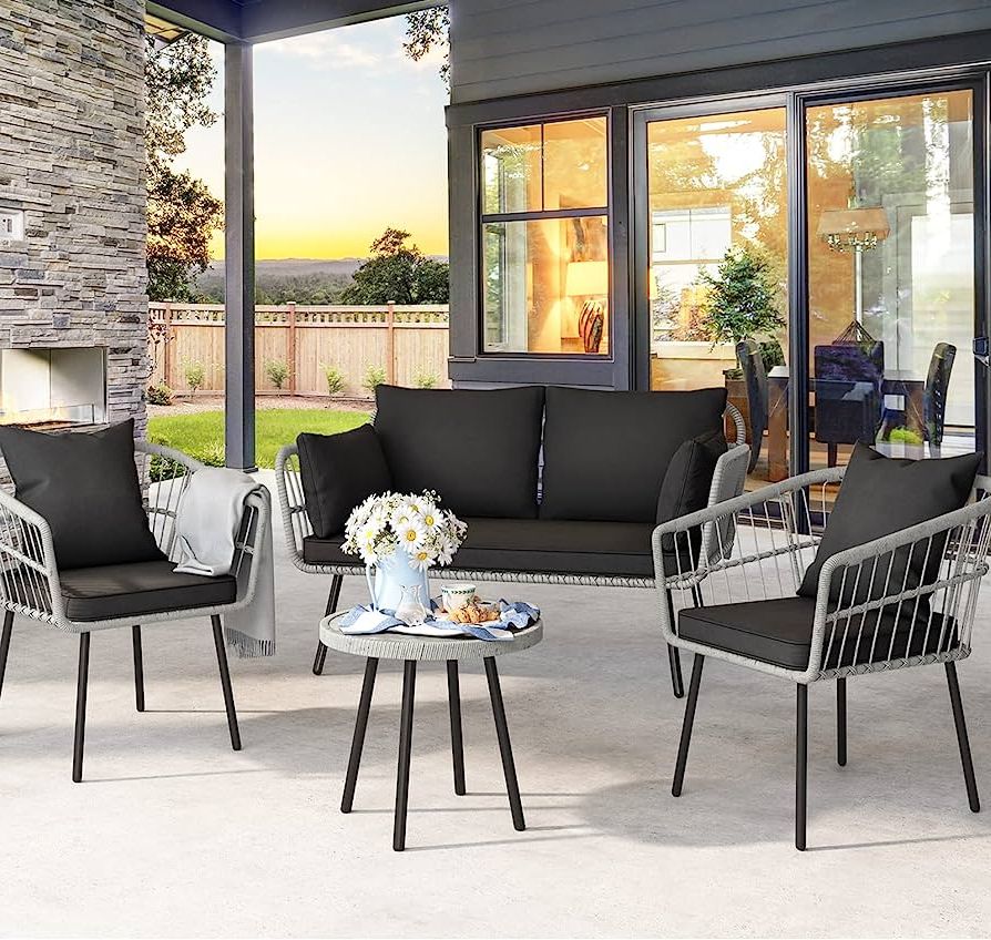 Most Recently Released Amazon: Yitahome 4 Pieces Patio Furniture Set, Wicker Balcony Bistro  Set, Outdoor All Weather Rattan Conversation Set With Loveseat Chairs Table Soft  Cushions For Backyard, Pool, Deck, Garden – Black : Patio, Lawn Inside Balcony And Deck With Soft Cushions (Photo 3 of 15)