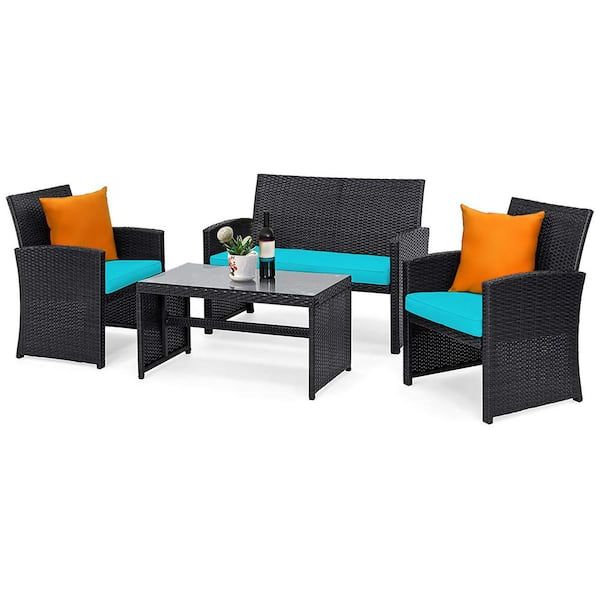 Most Recently Released Costway 4 Piece Patio Rattan Furniture Conversation Set Cushion Sofa Table  Garden Turquoise Hw63239tu – The Home Depot For Furniture Conversation Set Cushioned Sofa Tables (View 2 of 15)