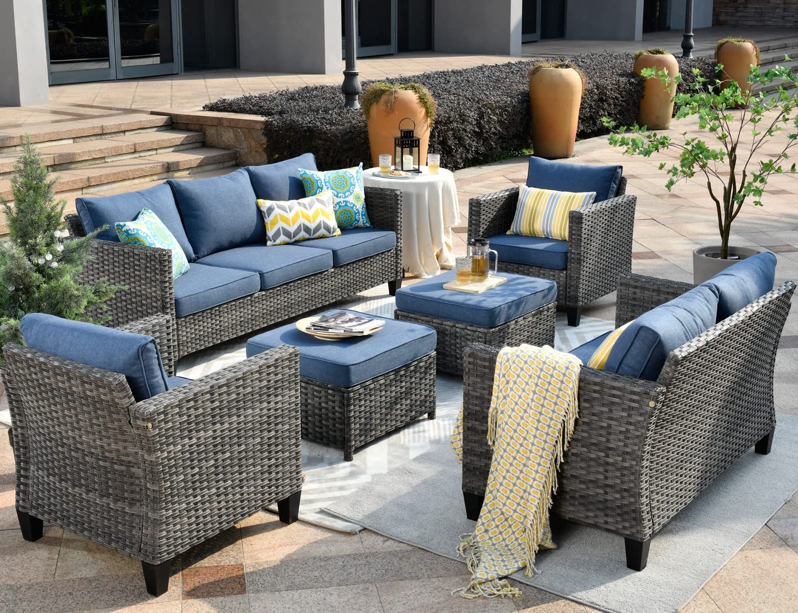 Most Recently Released Loveseat Chairs For Backyard With Regard To Amazon: Ovios Patio Furniture Set 6 Pcs Outdoor Sectional Sofa Set With Loveseat  Chairs Ottomans High Back Sofa All Weather Wicker Rattan Conversation Sets  For Yard Porch (denim Blue) : Patio, Lawn (View 3 of 15)