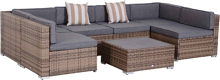 Most Recently Released Outdoor Couch Cushions, Throw Pillows And Slat Coffee Table Pertaining To Amazon: Outsunny 7 Piece Outdoor Patio Furniture Set, Pe Rattan Wicker Sectional  Sofa Patio Conversation Sets With Couch Cushions, Throw Pillows And Slat  Coffee Table, Stripe, Gray : Patio, Lawn & Garden (Photo 11 of 15)