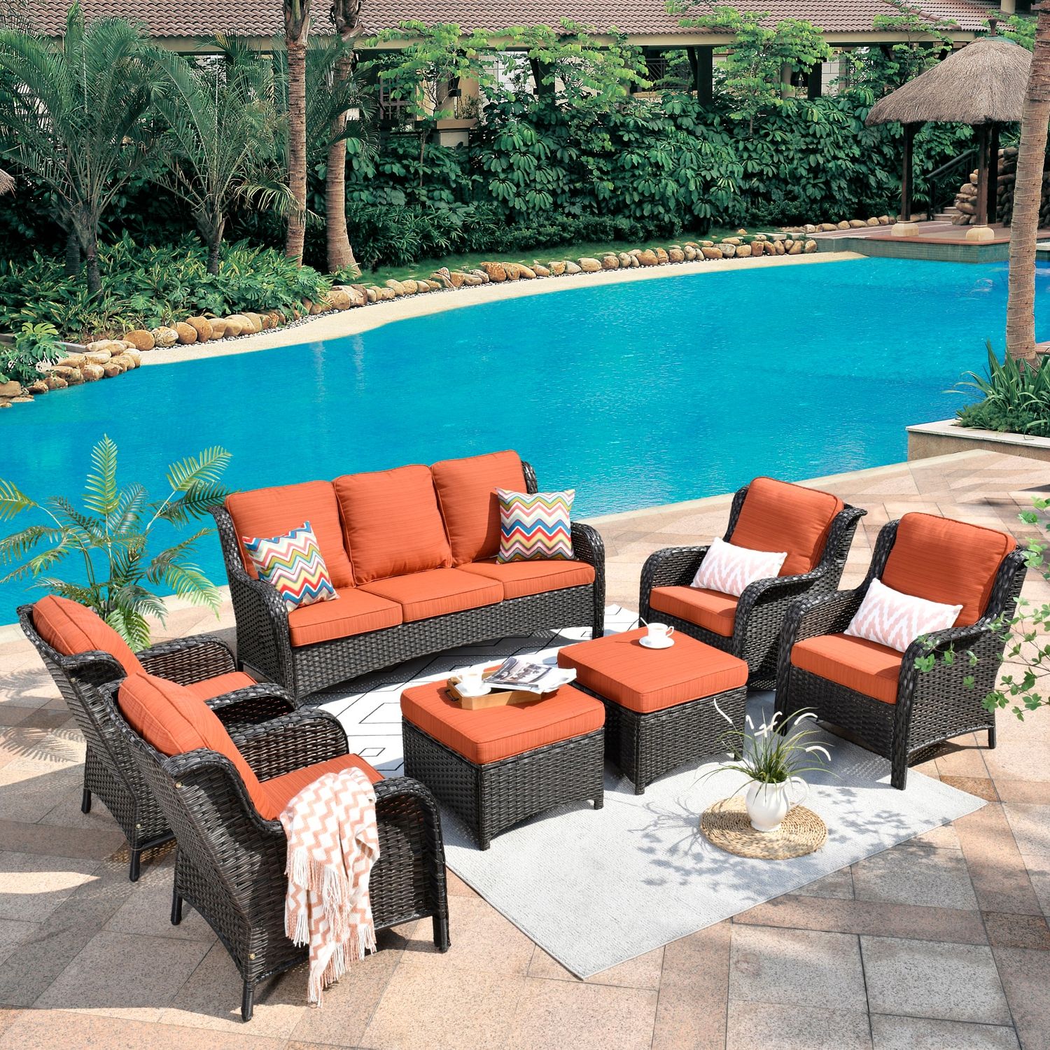 Most Recently Released Ovios 7 Piece Patio Furniture Sets Rattan Wicker Chair Sectional Sofa Deep  Seating Conversation Set With Cushions (brown Wicker,orange Red Cushions)  In The Patio Sectionals & Sofas Department At Lowes In Patio Rattan Wicker Furniture (View 6 of 15)