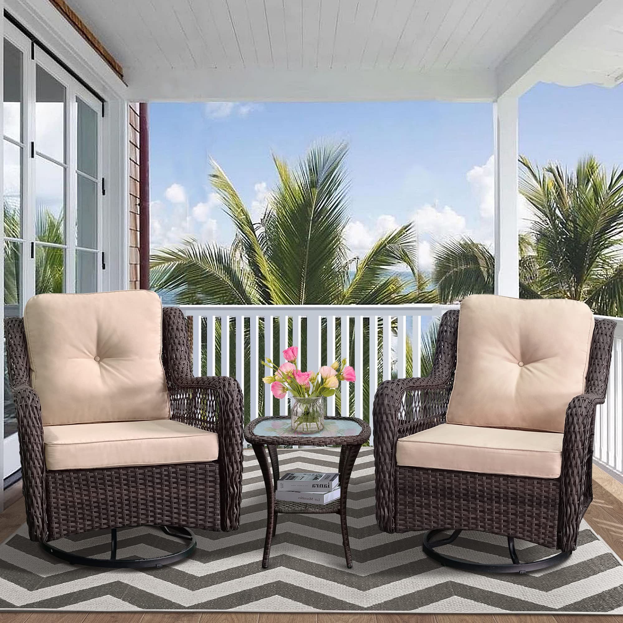 Most Up To Date 2 Piece Swivel Gliders With Patio Cover Regarding Amazon: 3 Pieces Outdoor Swivel Glider Rocker Set, Wicker Patio Bistro  Set With Rocking Chair, Cushions And Side Coffee Table (khaki) : Patio,  Lawn & Garden (Photo 9 of 15)