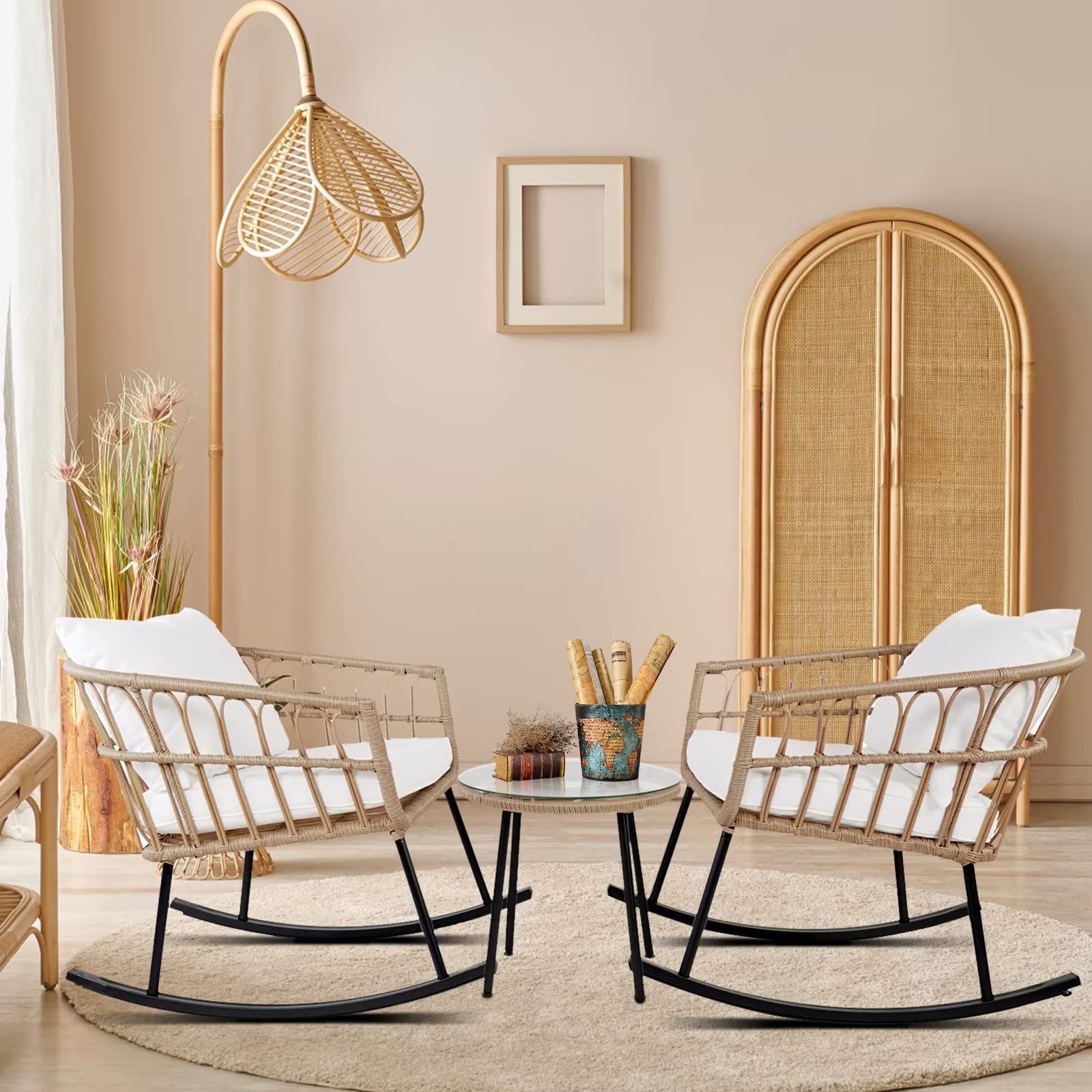 Most Up To Date Amazon: 3 Pieces Rocking Chairs Set, Boho Indoor Outdoor All Weather  Woven Rope Table Set, Tan Wicker Chat Set With White Cushions, Rattan Sets  For Balcony, Garden, Front Porch,indoor,living Rooms : Patio, Throughout 3 Piece Outdoor Boho Wicker Chat Set (Photo 6 of 15)