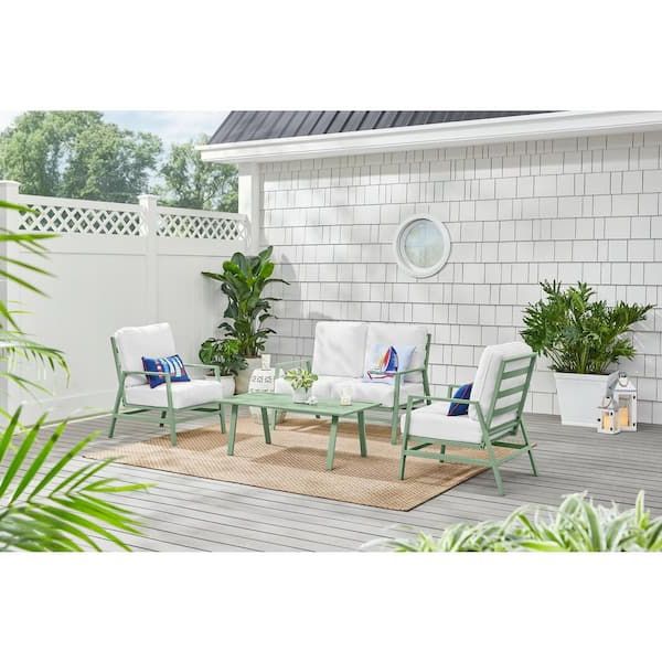 Most Up To Date Hampton Bay Sunnymead 4 Piece Metal Outdoor Chat Set With Bright White  Cushions Frn 313982 – The Home Depot Pertaining To Outdoor Stationary Chat Set (View 13 of 15)