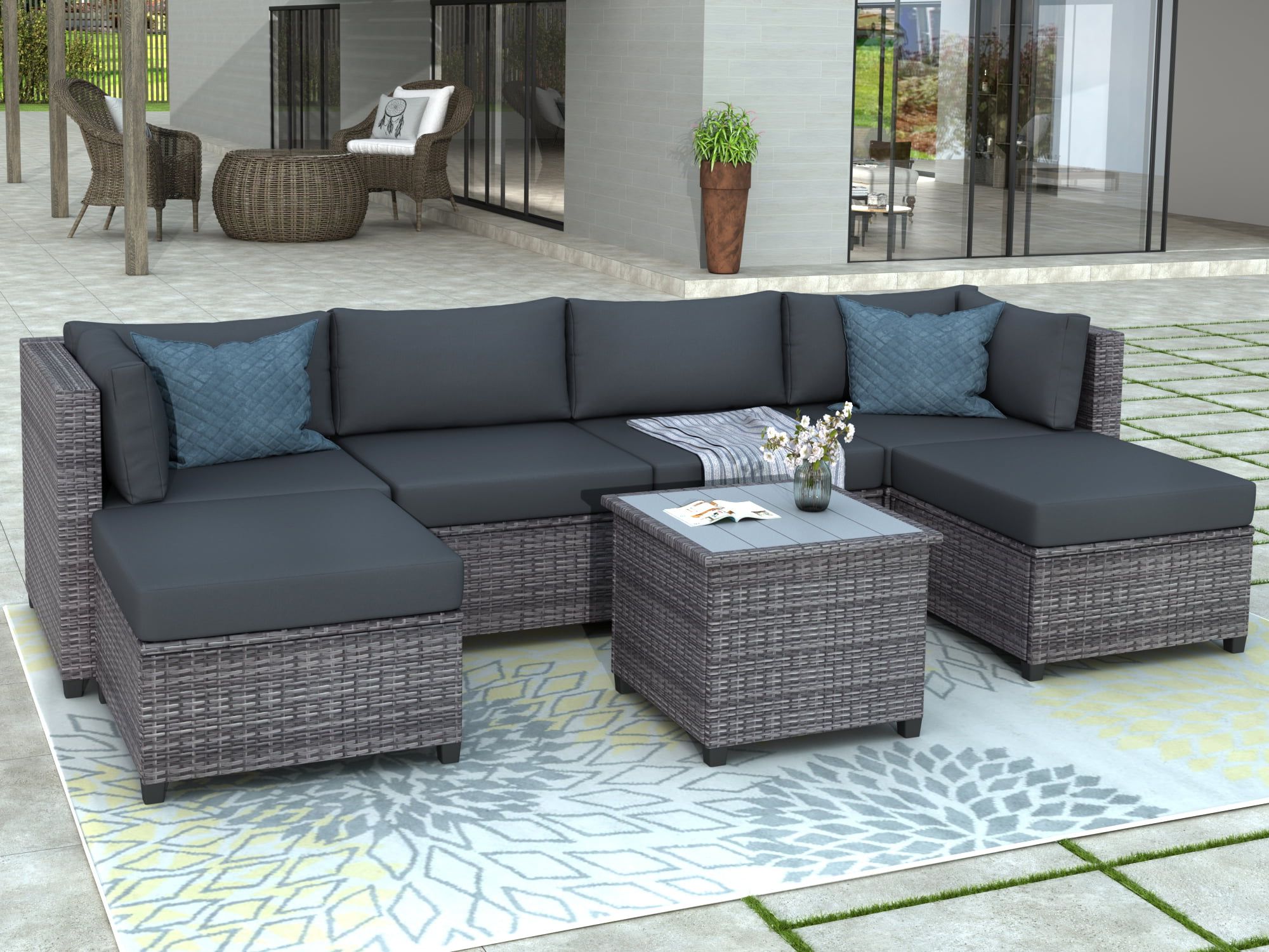 Most Up To Date Ottomans Patio Furniture Set Regarding 7 Piece Patio Furniture Set With 4 Rattan Wicker Chairs, 2 Ottoman, Coffee  Table, All Weather Outdoor Conversation Set With Gray Cushions For  Backyard, Porch, Garden, Poolside, L5017 – Walmart (Photo 13 of 15)