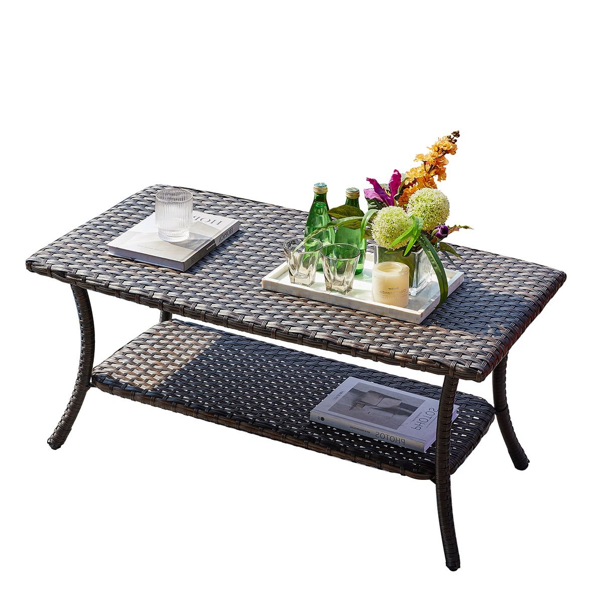 Most Up To Date Outdoor 2 Tiers Storage Metal Coffee Tables Pertaining To Parkwell Outdoor Wicker Rectangular Coffee Table With 2 Tier Storage Shelf  And Wicker Table Top, Metal Frame – Walmart (Photo 11 of 15)