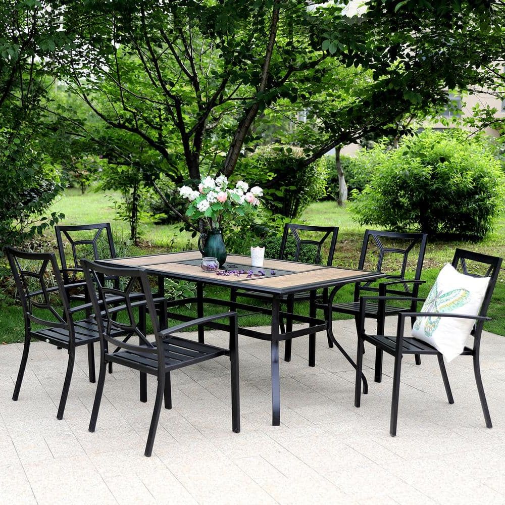 Most Up To Date Outdoor Furniture Metal Rectangular Tables Regarding Phi Villa Black 7 Piece Metal Outdoor Patio Dining Set With Geometric Rectangle  Table And Fancy Stackable Chairs Thd7 104 2401 – The Home Depot (Photo 12 of 15)