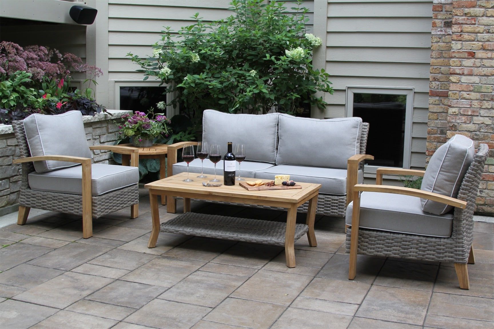 Most Up To Date Outdoor Interiors Teak & Wicker Love Seat, 2 Arm Chairs & Coffee Table With  Olefin (Photo 4 of 15)