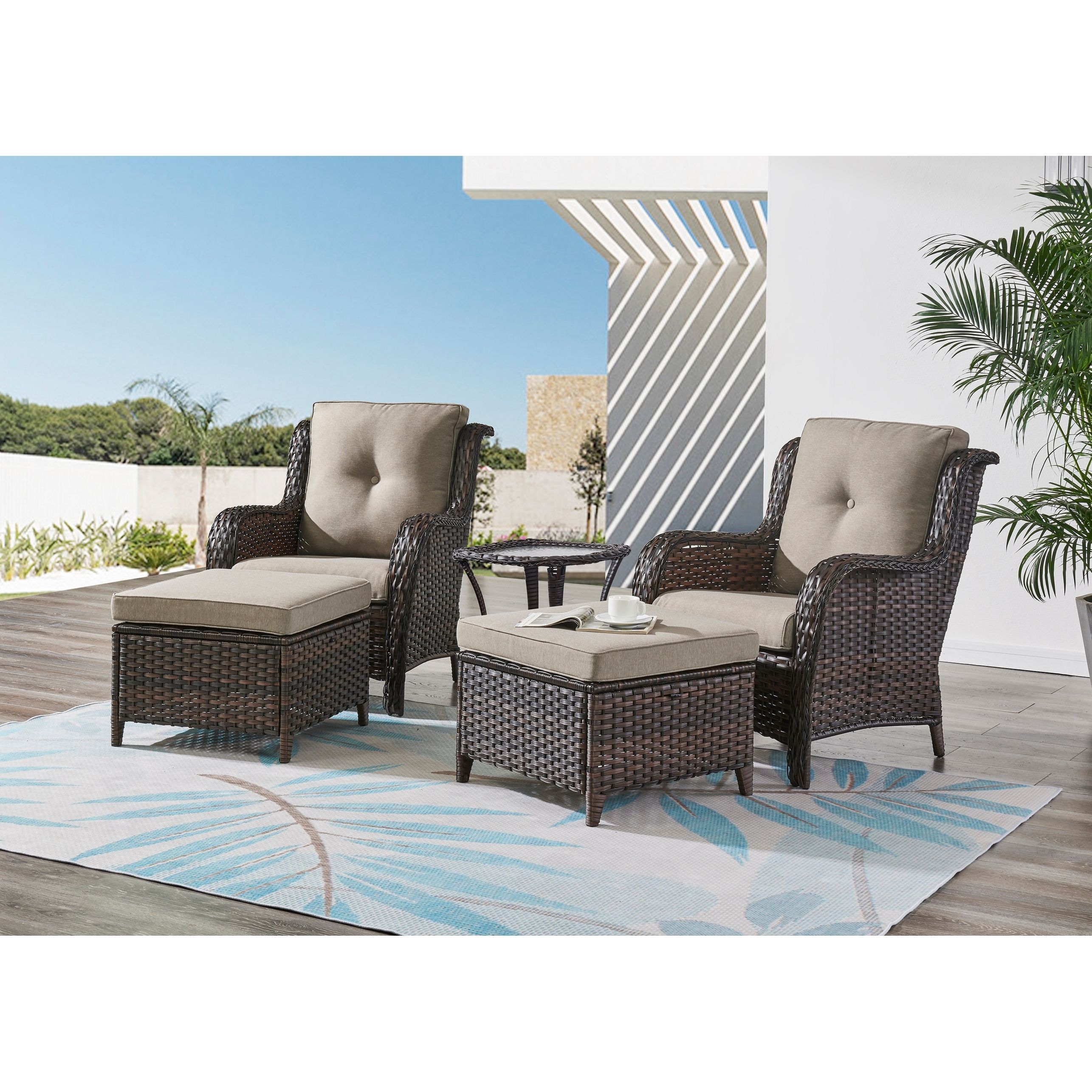 Most Up To Date Rilyson 5 Piece Patio Furniture Wicker Chairs With Ottomans & Table – On  Sale – Overstock – 36294317 In Ottomans Patio Furniture Set (View 6 of 15)