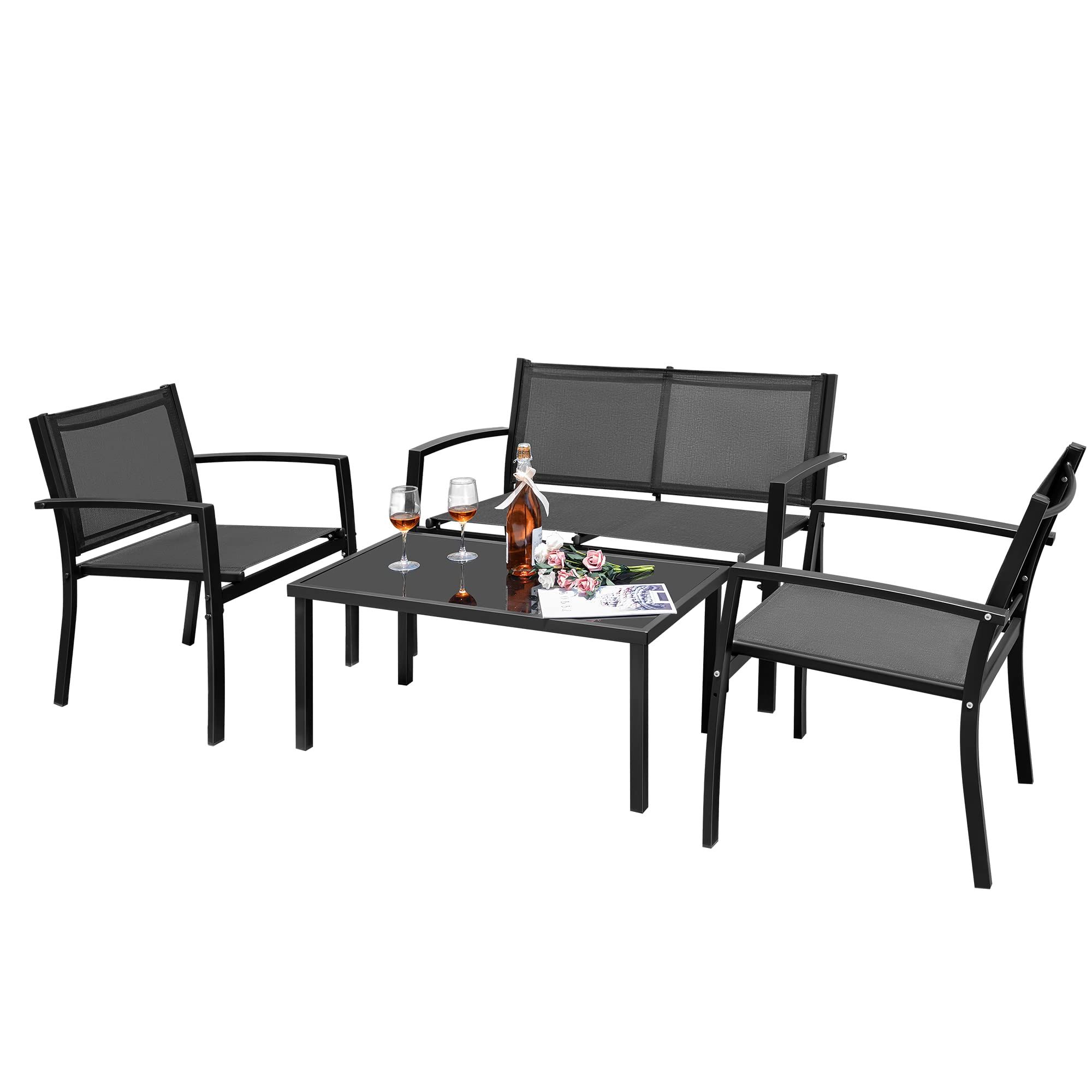 Most Up To Date Textilene Bistro Set Modern Conversation Set Within Amazon: Flamaker 4 Pieces Patio Furniture Outdoor Furniture Outdoor Patio  Furniture Set Textilene Bistro Set Modern Conversation Set Black Bistro Set  With Loveseat Tea Table For Home, Lawn And Balcony (black) : (Photo 9 of 15)