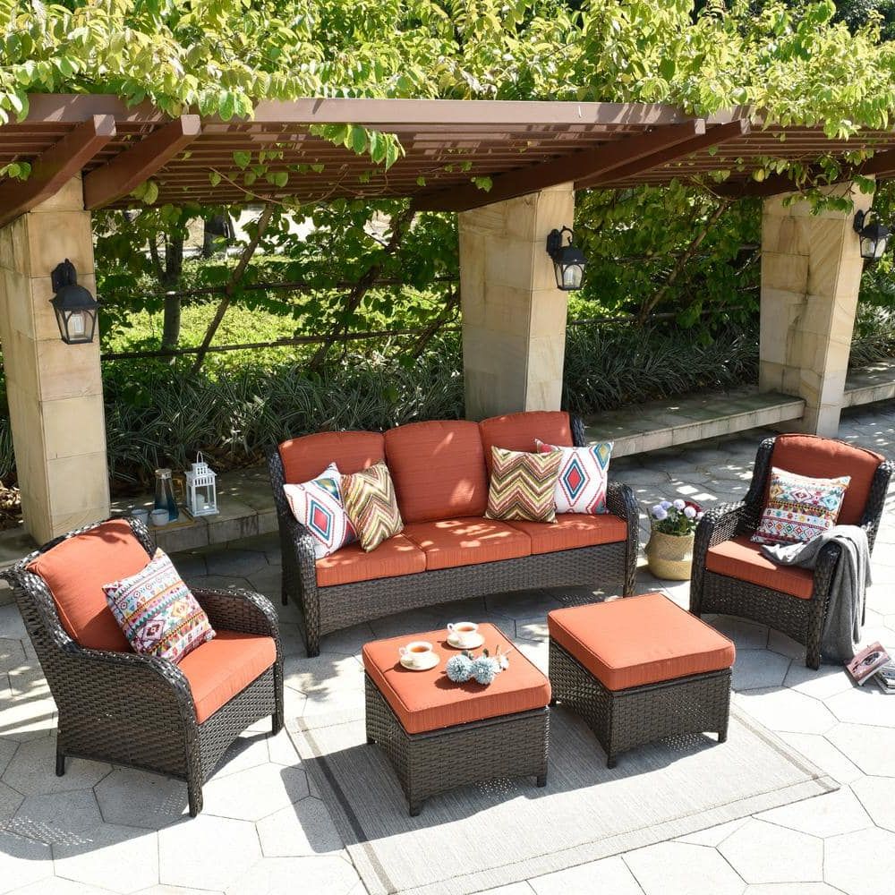 Newest 5 Piece Outdoor Patio Furniture Set With Xizzi Erie Lake Brown 5 Piece Wicker Outdoor Patio Conversation Seating Sofa  Set With Orange Red Cushions Ntc805hdre – The Home Depot (Photo 2 of 15)