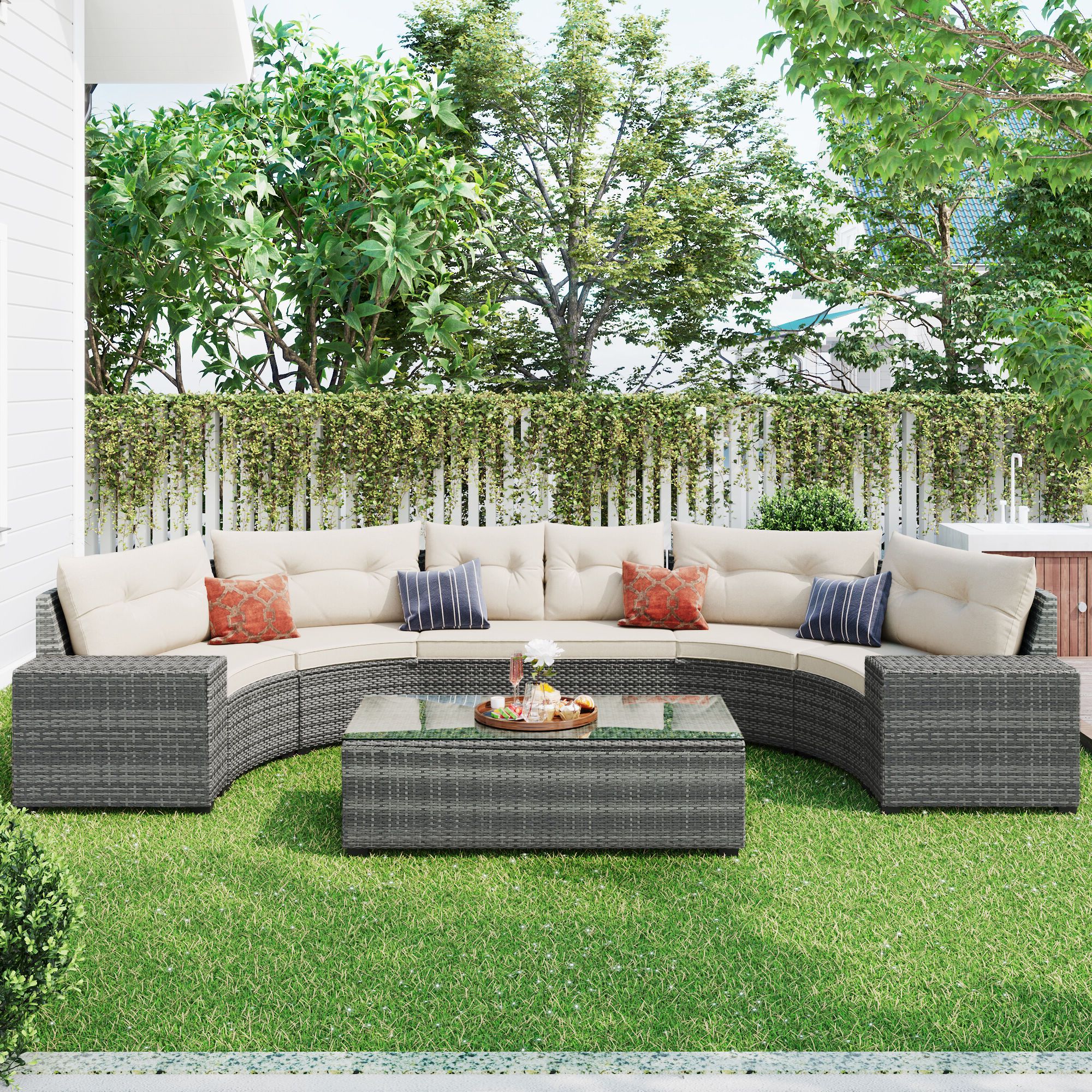 Newest 8 Piece Patio Rattan Outdoor Furniture Set Intended For Forclover 8 Pieces Outdoor Wicker Round Sofa Set 8 Piece Wicker Patio  Conversation Set With Off White Cushions In The Patio Conversation Sets  Department At Lowes (View 3 of 15)