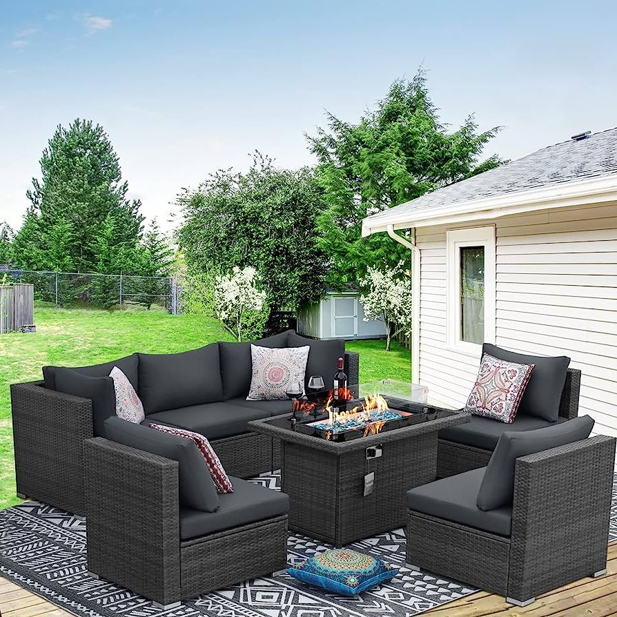 Newest Amazon: Bulexyard 7 Piece Outdoor Patio Furniture Set With 43" Propane Fire  Pit Table, Large Wicker Patio Sectional Sofa Pe Rattan Conversation Sets  W/natural Gas Firepit (dark Grey) : Patio, Lawn & For Fire Pit Table Wicker Sectional Sofa Conversation Set (View 9 of 15)