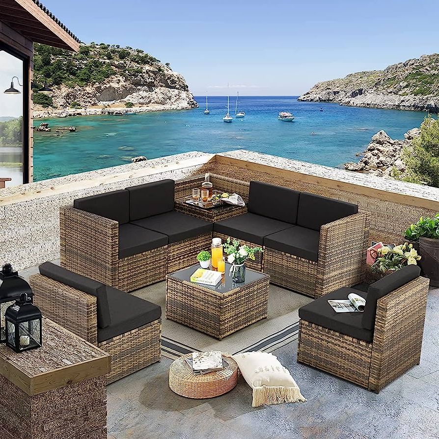 Newest Amazon: Krofem 8 Pieces Patio Rattan Furniture Set With Hidden Storage,  7 Sofa Sections, Outdoor Wicker Conversation Set, Natural Color Rattan With  Dark Grey Cushion : Patio, Lawn & Garden Within 8 Piece Patio Rattan Outdoor Furniture Set (View 4 of 15)