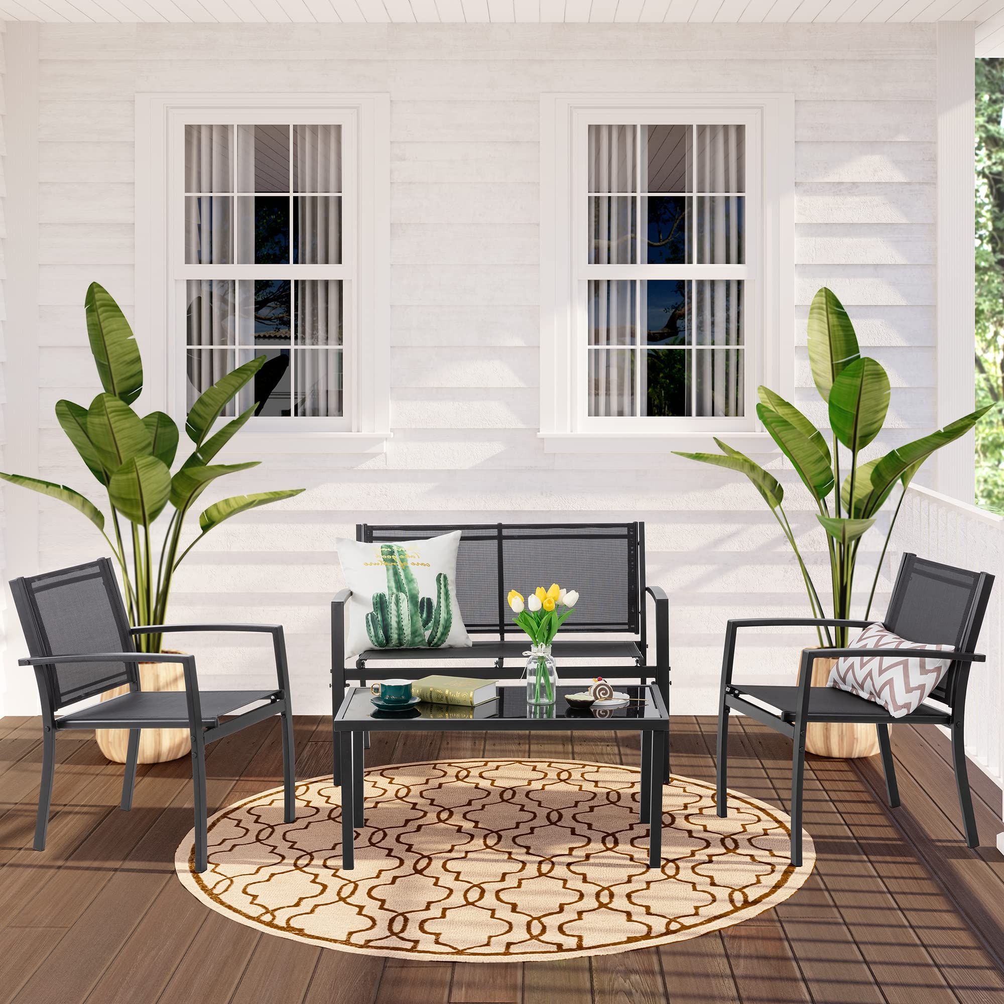 Newest Amazon: Meilocar 4 Pieces Patio Furniture, Textilene Metal Outdoor  Furniture Set, Modern Conversation Set With Loveseat Tea Table, Small  Outdoor Patio Chat Set For Backyard, Porch, Lawn And Balcony (black) :  Patio, Inside Loveseat Tea Table For Balcony (View 2 of 15)