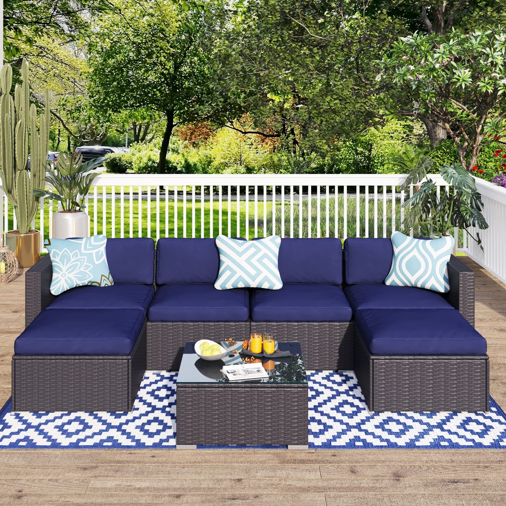 Newest Amazon: Mfstudio Outdoor Patio Furniture Set,7 Pieces All Weather  Wicker Outdoor Couch Sectional Sofa,rattan Patio Conversation Set With  Coffee Table, Blue Washable Cushion : Patio, Lawn & Garden Inside All Weather Rattan Conversation Set (Photo 12 of 15)