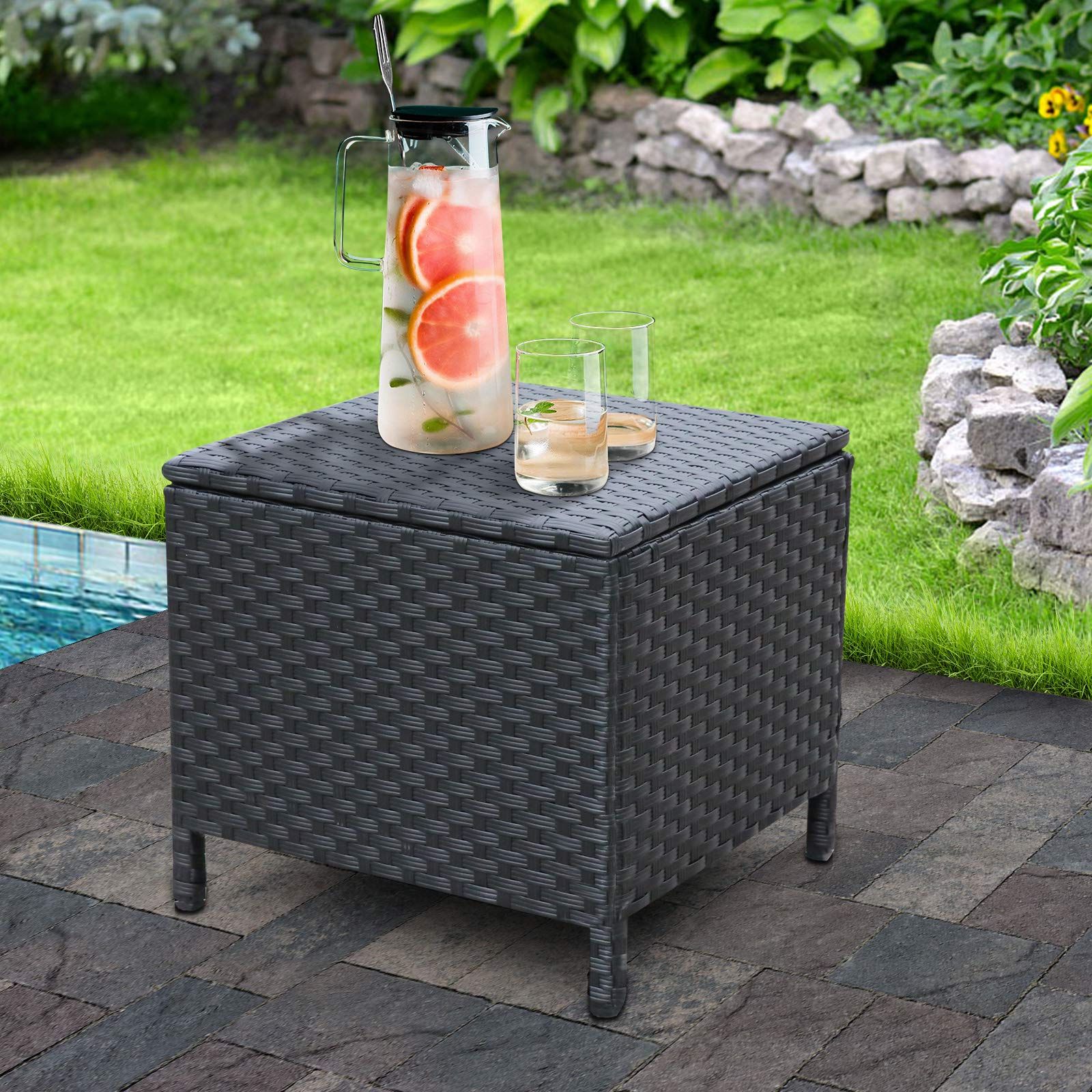Newest Amazon: Outdoor Pe Wicker Side Table With Storage Patio Resin Rattan  End Table Square Container For Furniture Covers, Toys And Gardening Tools  Black : Patio, Lawn & Garden Inside Storage Table For Backyard, Garden, Porch (Photo 1 of 15)