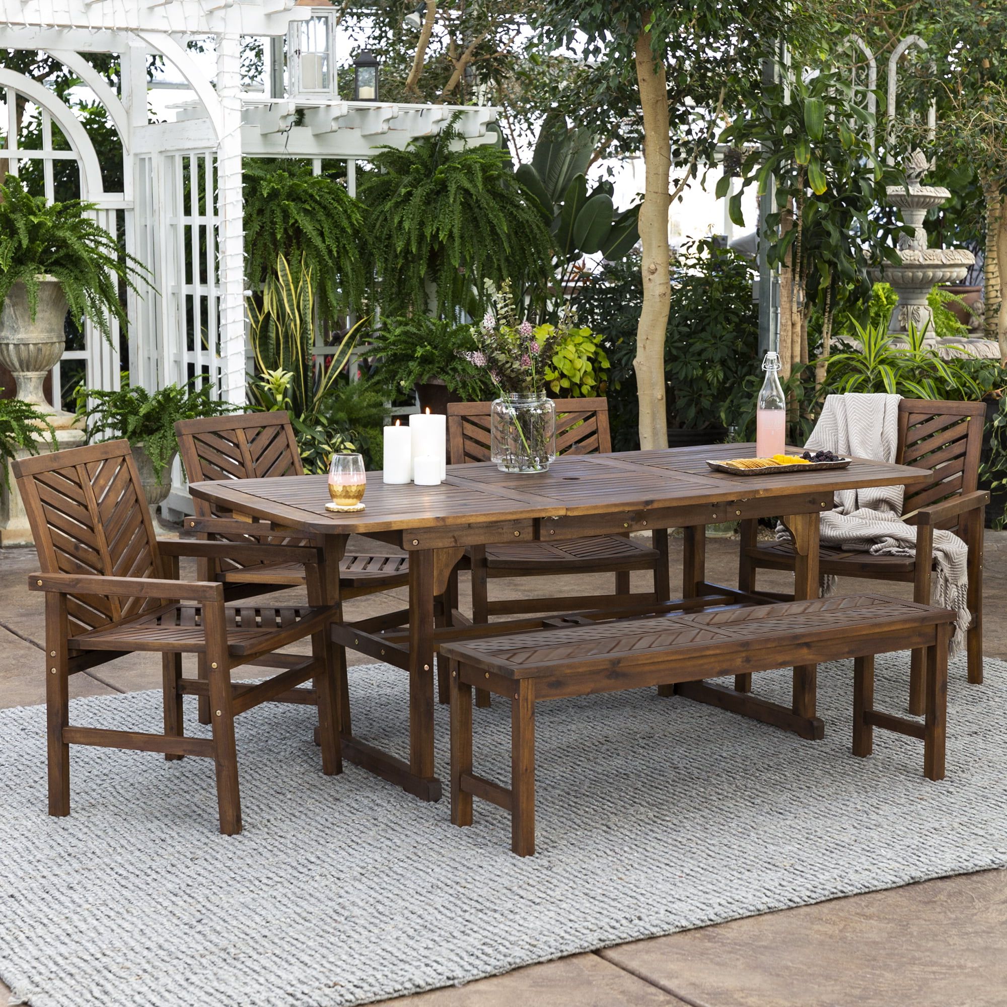 Newest Manor Park 6 Piece Extendable Outdoor Patio Dining Set – Dark Brown –  Walmart In Outdoor Terrace Bench Wood Furniture Set (Photo 7 of 15)