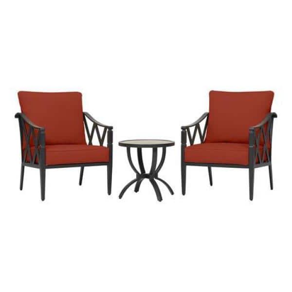 Newest Outdoor Stationary Chat Set With Regard To Hampton Bay Harmony Hill 3 Piece Black Steel Outdoor Patio Stationary  Conversation Set With Sunbrella Henna Red Cushions Gl 19044 3st Hr – The  Home Depot (View 11 of 15)