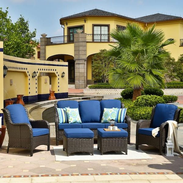 Newest Ovios New Kenard Brown 5 Piece Wicker Outdoor Patio Conversation Seating Set  With Navy Blue Cushions Ntc700 – The Home Depot Pertaining To 5 Piece Outdoor Patio Furniture Set (Photo 15 of 15)