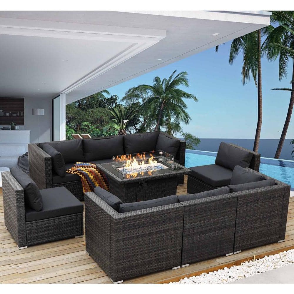 Nicesoul Gray 9 Piece Wicker Patio Conversation Set Deep Sectional Seating  Set With Charcoal Cushions And Fire Pit Table Hh 3022g – The Home Depot For Most Popular Fire Pit Table Wicker Sectional Sofa Set (View 6 of 15)