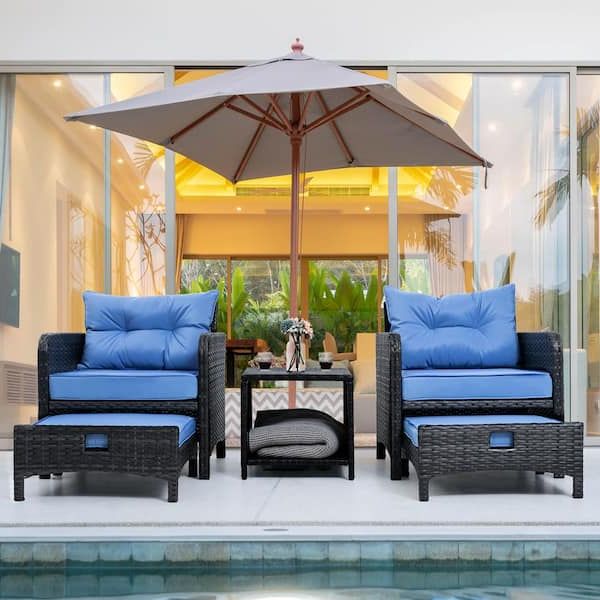 Ottomans Patio Furniture Set For Well Liked Pamapic 5 Pieces Wicker Patio Furniture Set Outdoor Patio Chairs With  Ottomans, Blue Cushions Bt Ljd5 Wh3 – The Home Depot (Photo 14 of 15)