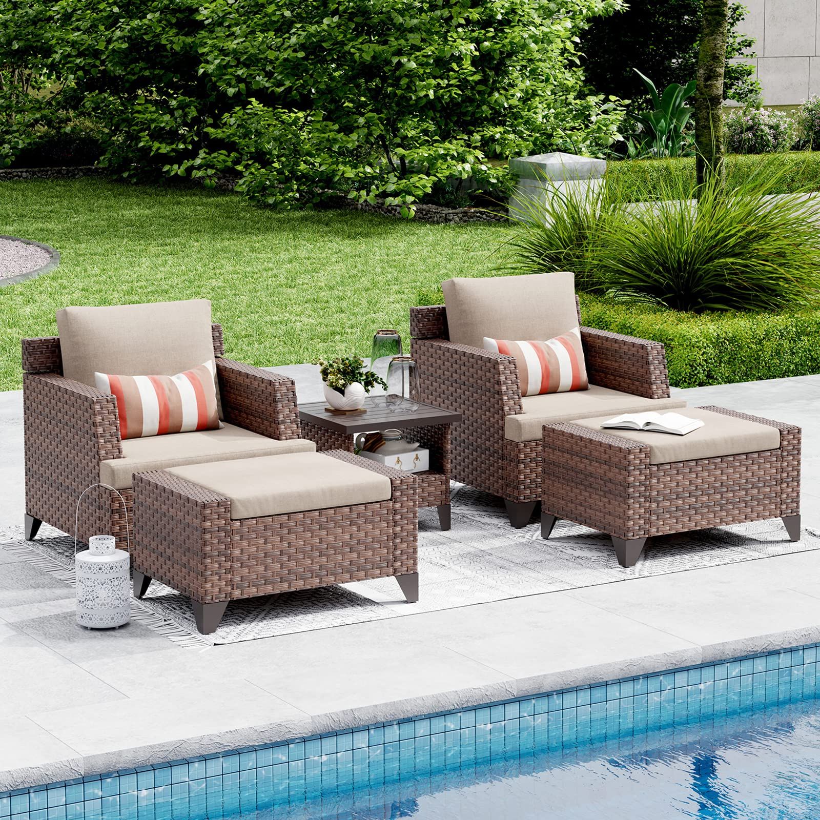 Ottomans Patio Furniture Set Inside Newest Amazon: Sunsitt 5 Piece Outdoor Patio Furniture Set, Rattan Patio  Lounge Chair And Ottoman Set With Waterproof Sofa Covers, Side Table With  Aluminum Slatted Top, Brown Wicker : Patio, Lawn & Garden (View 4 of 15)