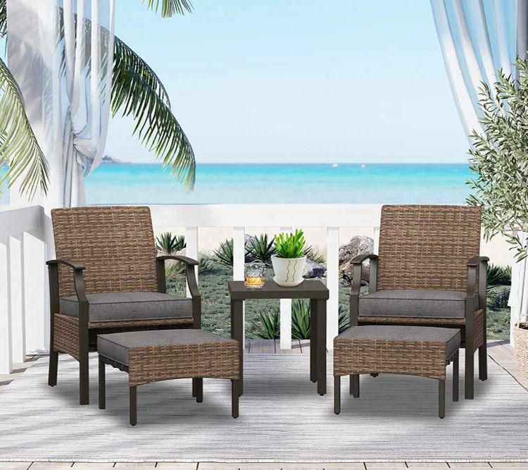 Ottomans Patio Furniture Set Intended For Well Liked Grand Patio 5 Pieces Outdoor Patio Furniture Sets Weather Resistant Wicker Outdoor  Chairs With Ottomans And (View 11 of 15)