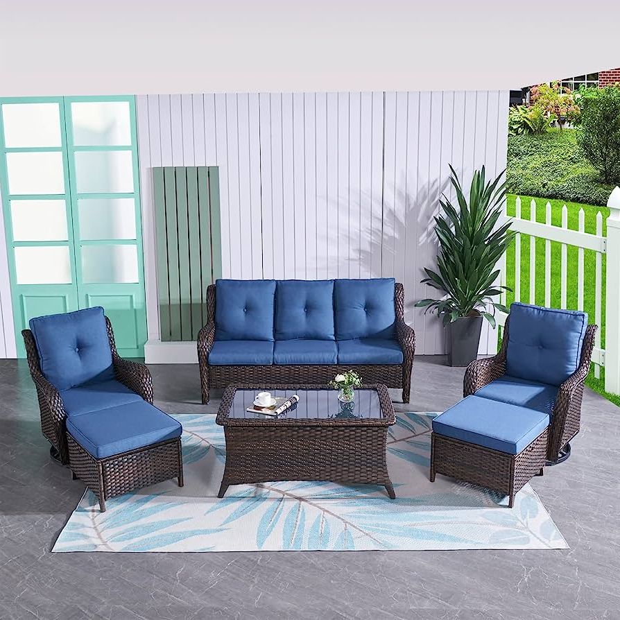 Ottomans Patio Furniture Set Throughout Most Popular Amazon: Hummuh Patio Furniture 6 Pieces Outdoor Furniture Set Wicker  Outdoor Sectional Sofa With Swivel Rocking Chairs,patio Ottomans,patio  Coffee Table : Patio, Lawn & Garden (Photo 3 of 15)