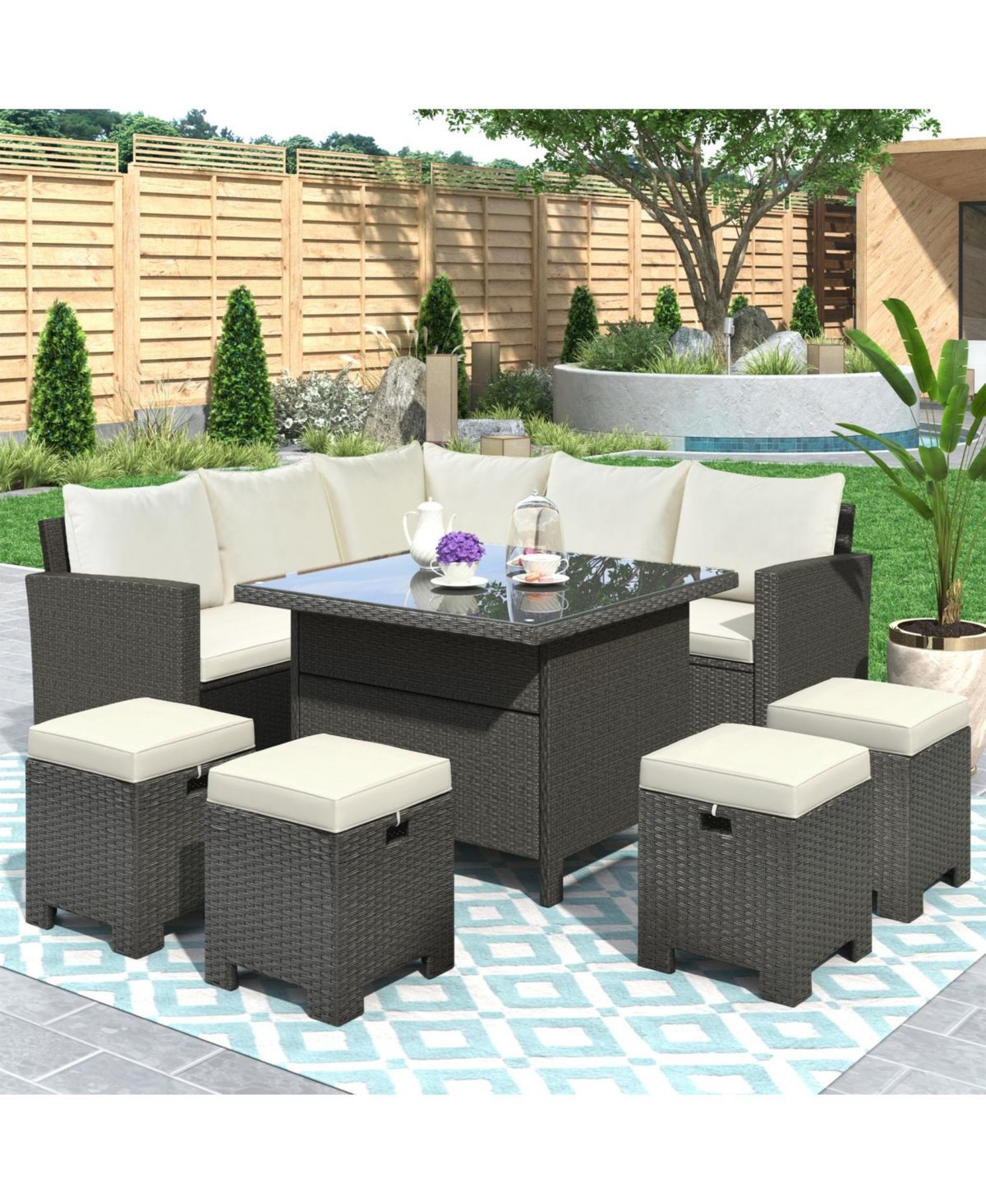 Ottomans Patio Furniture Set With Regard To Most Current Patio Furniture Set, 8 Piece Outdoor Conversation Set, Dining Table Chair  With Ottoman, Cushions (View 15 of 15)