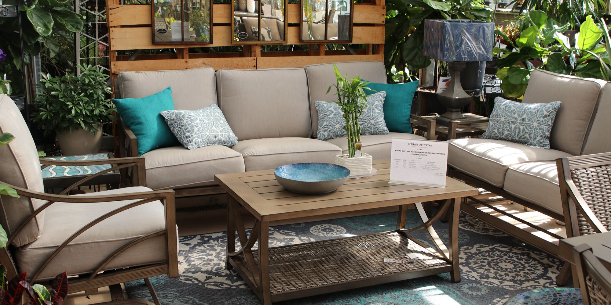 Outdoor And Patio Furniture – Down To Earth Living With Trendy Outdoor Couch Cushions, Throw Pillows And Slat Coffee Table (Photo 14 of 15)