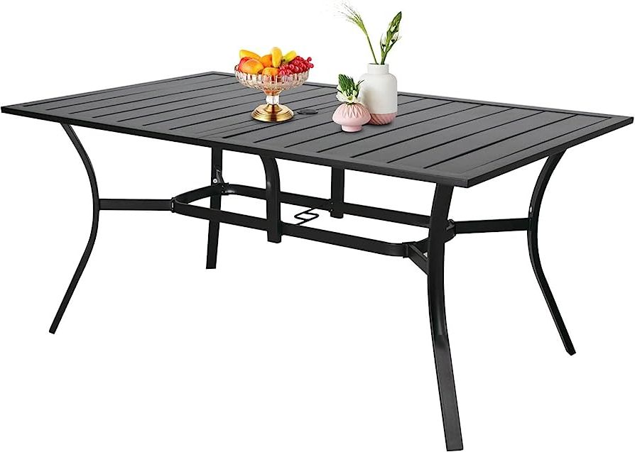 Outdoor Furniture Metal Rectangular Tables For Most Recent Amazon: Betterland Patio Rectangular Dining Table 60" X 37" Outdoor  Metal Steel Frame & Slat Tabletop With 1.57" Umbrella Hole For 6 8 Person,  Classic Black : Patio, Lawn & Garden (Photo 8 of 15)