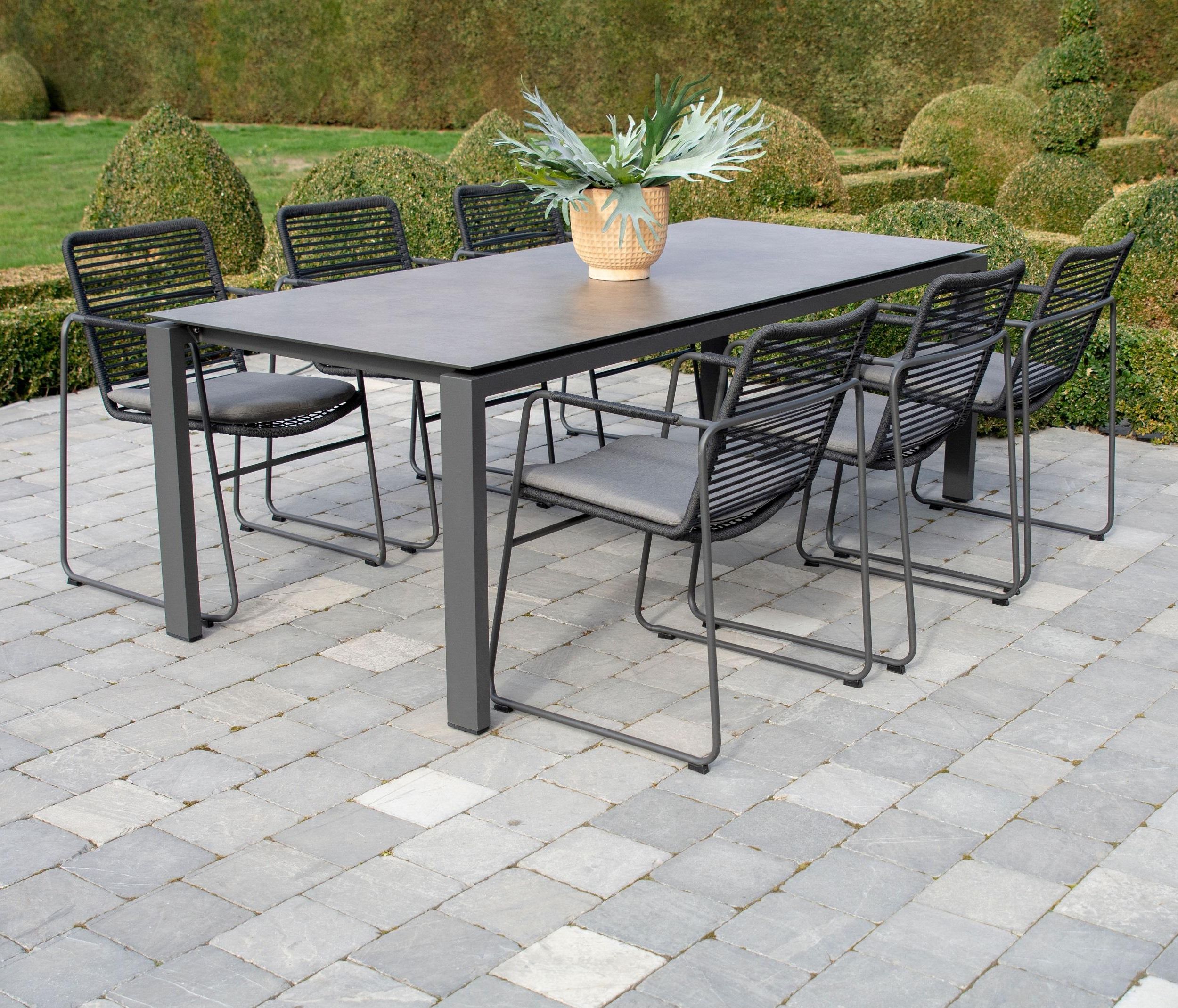 Outdoor Furniture Metal Rectangular Tables Pertaining To Most Popular Contemporary Hpl Rectangle Garden Dining Table With 6 Slimline Rope Weave  Modern Dining Chairs (View 4 of 15)
