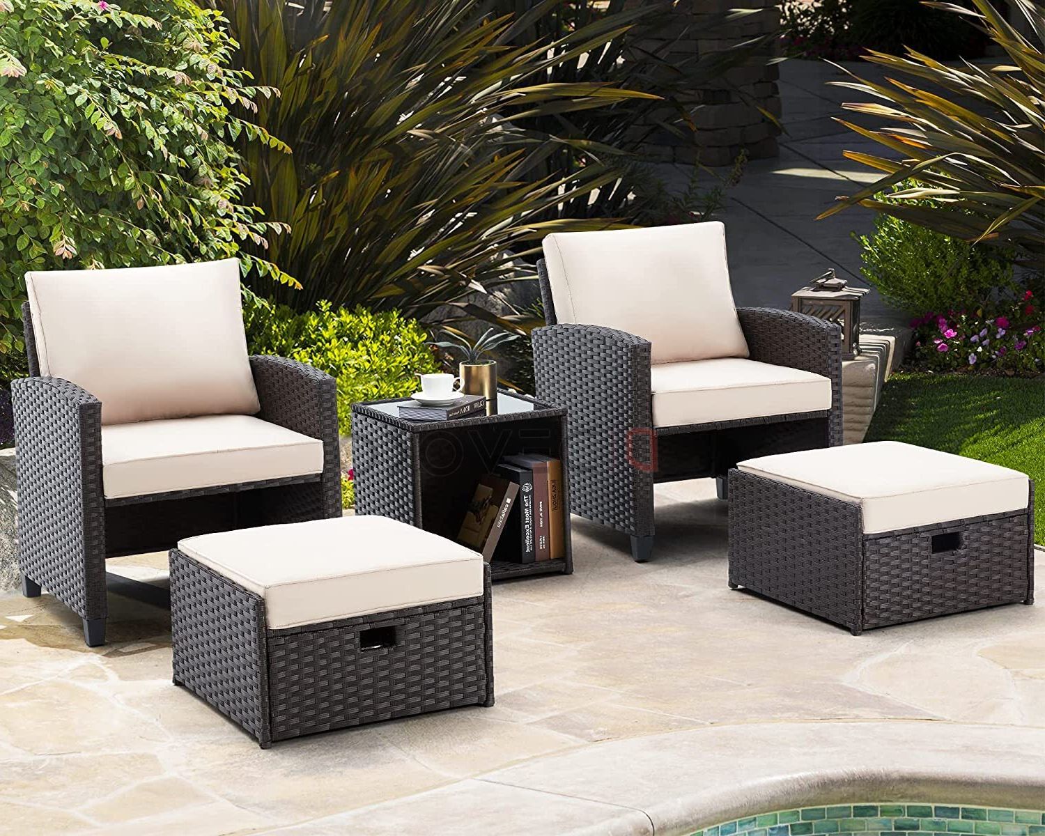 Outdoor Patio Furniture Wicker Rattan Conversation Set With Cushioned Chairs,  Ottoman Set, Table For Lawn, Pool, Balcony (dark Brown & Cream Color) –  Devoko Outdoor In Most Up To Date Brown Wicker Chairs With Ottoman (View 10 of 15)