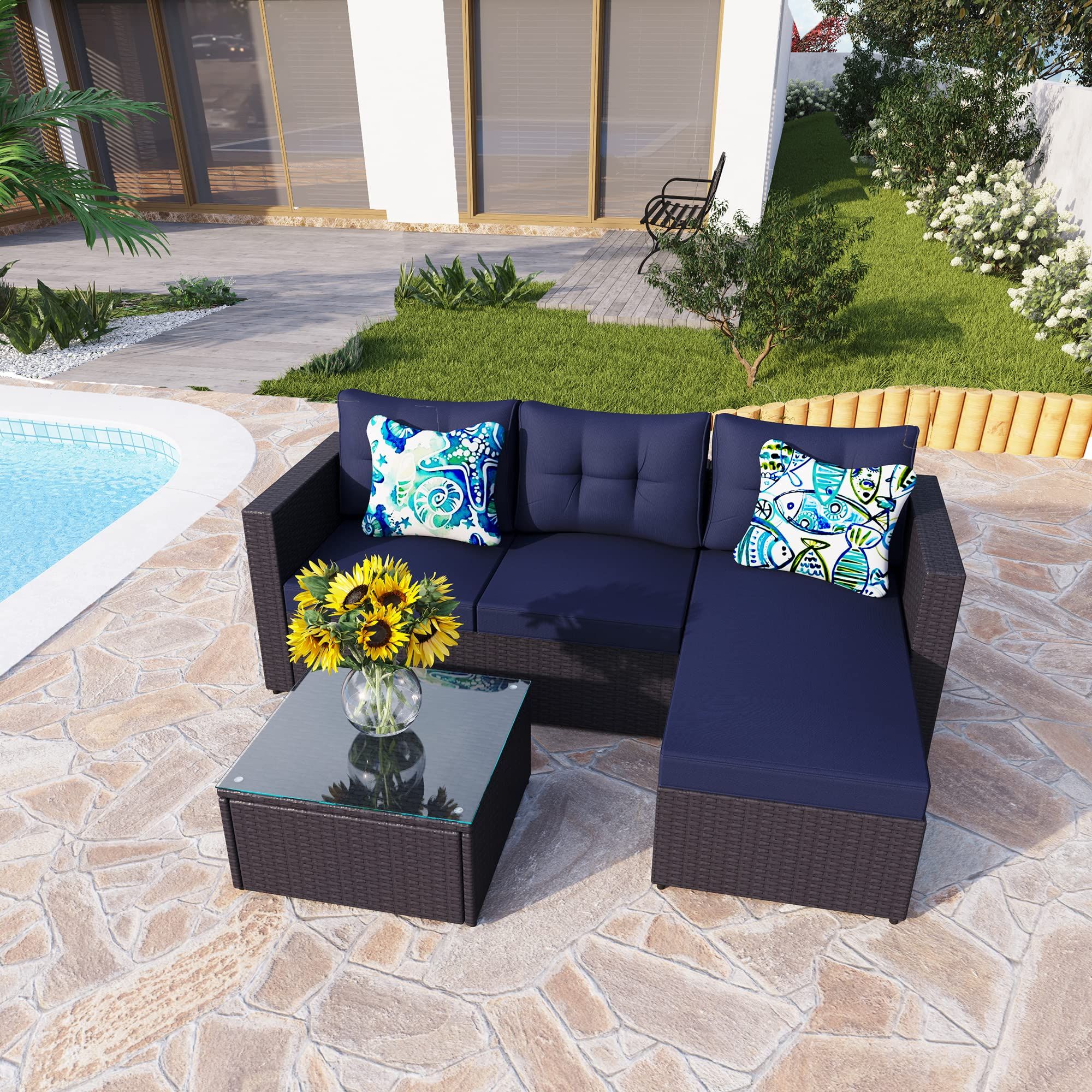 Outdoor Rattan Sectional Sofas With Coffee Table For Most Up To Date Amazon: Phi Villa 77" Wide Outdoor Rattan Sectional Sofa With Cushions  – Small Patio Wicker Furniture Set (3 – Person Seating Group, Blue) : Patio,  Lawn & Garden (Photo 4 of 15)