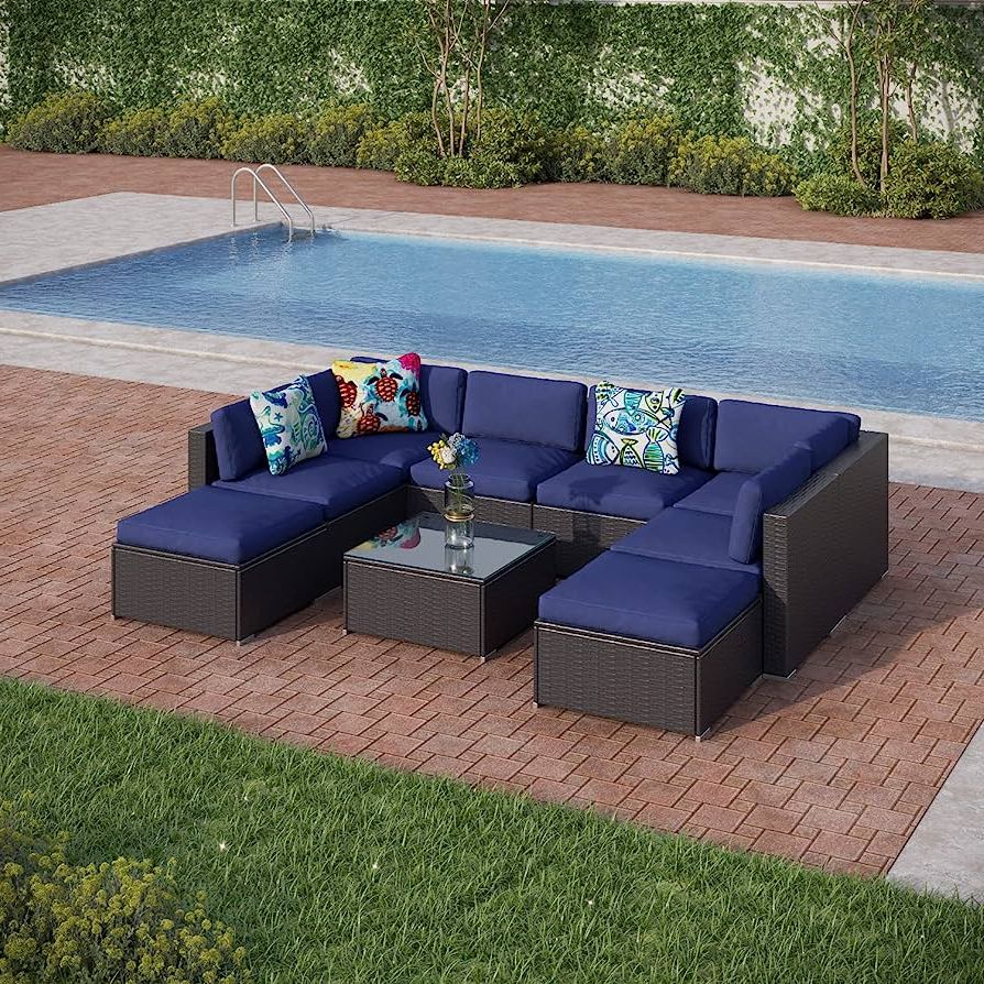 Outdoor Rattan Sectional Sofas With Coffee Table Within Latest Amazon: Phi Villa Outdoor Rattan Sectional Sofa Patio Wicker Furniture  Set Outdoor Couch For Backyard, Garden 9 Piece, Navy Blue : Patio, Lawn &  Garden (Photo 3 of 15)
