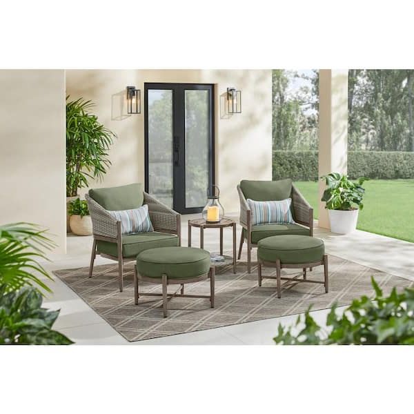 Outdoor Stationary Chat Set Pertaining To Fashionable Hampton Bay Autumn Chase Powder Coating Stationary 5 Piece Wicker Patio  Conversation Set With Olive Green Cushions De22900/01/02 – The Home Depot (View 9 of 15)