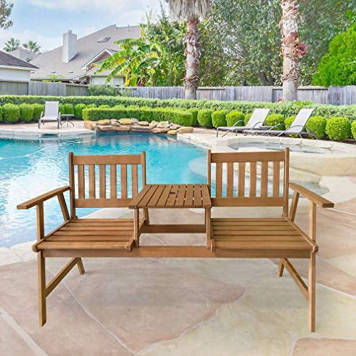 Outdoor Terrace Bench Wood Furniture Set Intended For Favorite Fdw Outdoor Terrace Bench Wood Garden Bench Park Bench Acacia Wood With  Table Swimming Pool Beach Backyard Balcony Porch Deck Garden Wooden  Furniture,natural Oiled – Walmart (View 2 of 15)