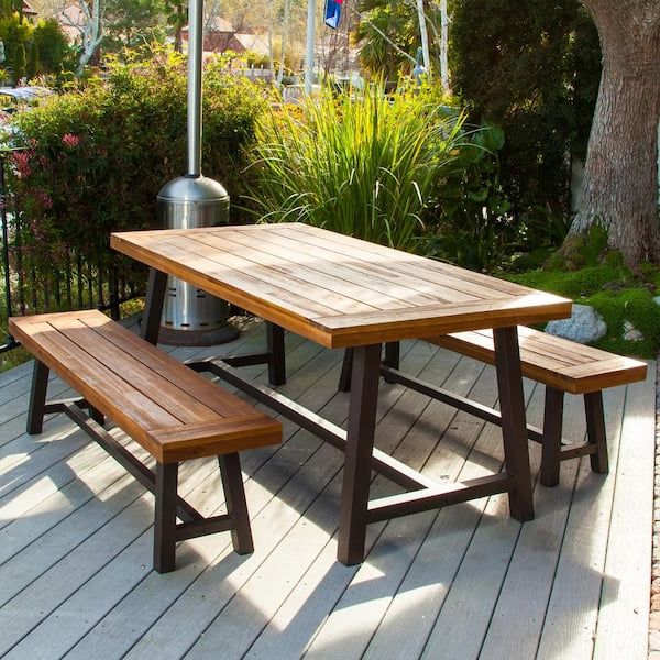 Outdoor Terrace Bench Wood Furniture Set Regarding Most Up To Date Noble House Carlisle Rustic Metal 3 Piece Wood Rectangular Outdoor Dining  Set 2792 – The Home Depot (View 12 of 15)