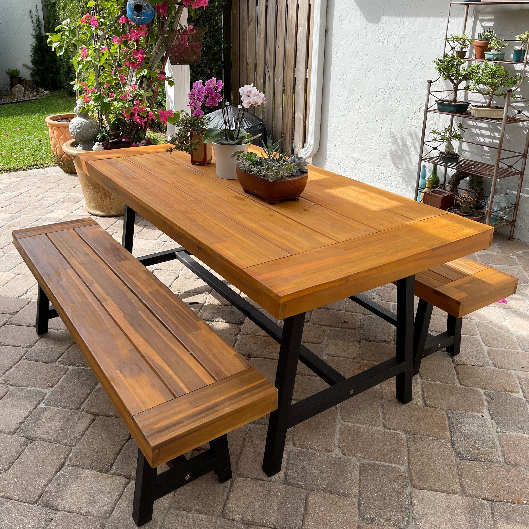 Outdoor Terrace Bench Wood Furniture Set Within Well Liked 3pcs Outdoor Patio Dining Table Set Acacia Wood With 1 Rectangular Picnic  Coffee Table And 2 Benches – On Sale – Overstock –  (View 15 of 15)