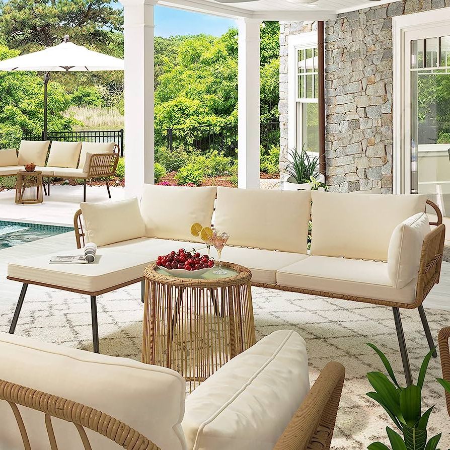 Outdoor Wicker 3 Piece Set In Newest Amazon: Yitahome 3 Pieces Patio Furniture Set, Outdoor Wicker  Conversation Sectional L Shaped Sofa With 4 Seater For Backyard, Porch,  Boho Detachable Lounger With Cushions And Coffee Table – Beige : Patio, Lawn (Photo 13 of 15)