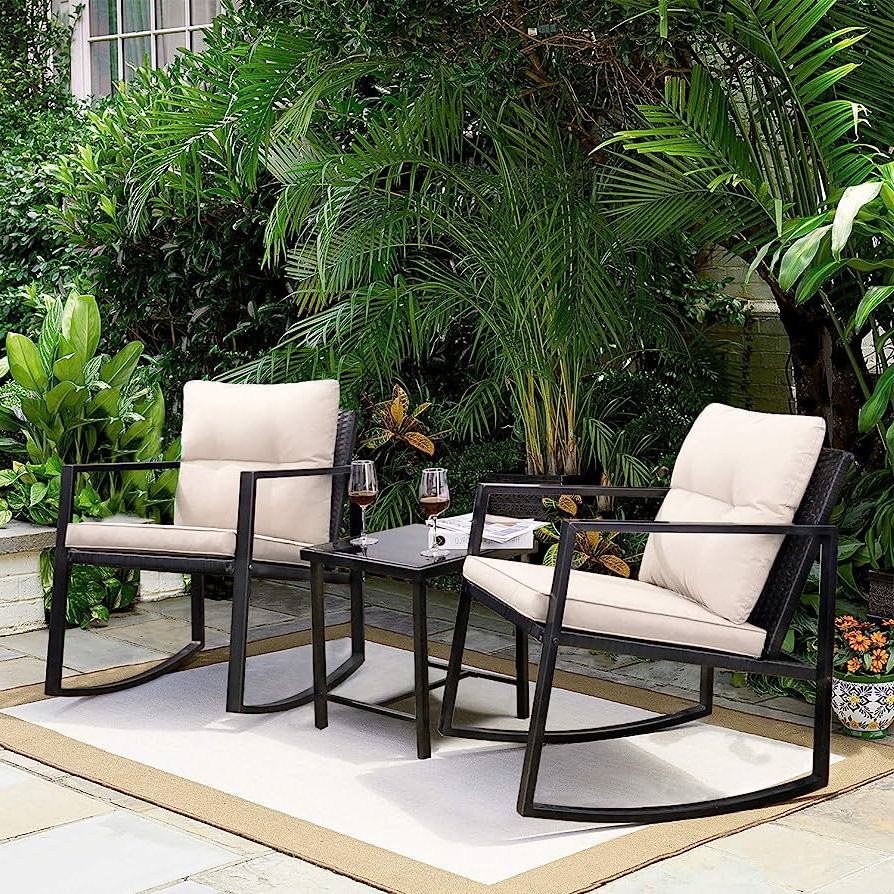 Outdoor Wicker 3 Piece Set Intended For Most Recent Amazon: Greesum 3 Pieces Rocking Wicker Bistro Set, Patio Outdoor  Furniture Conversation Sets With Porch Chairs And Glass Coffee Table, Beige  : Patio, Lawn & Garden (Photo 1 of 15)