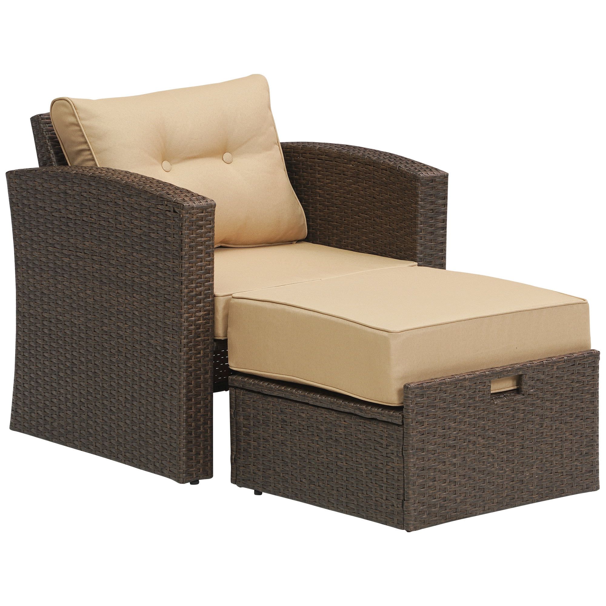 Outdoor Wicker Furniture Single Chair With Ottoman,brown Rattan Outdoor  Armchair Sofa Set With Beige Cushions,aluminum Frame – Walmart Within Most Up To Date Brown Wicker Chairs With Ottoman (View 9 of 15)